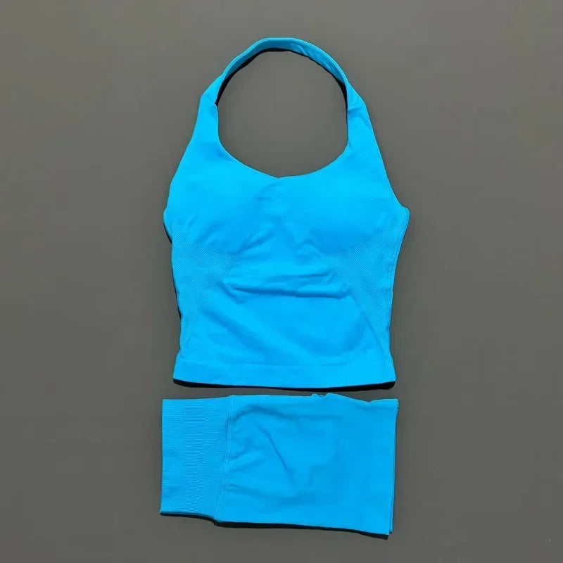2 Pieces Sports Halter Top Strappy Bra Shorts Set Women Seamless Yoga Gym Leggings Set Running Fitness Sports Shorts Suit