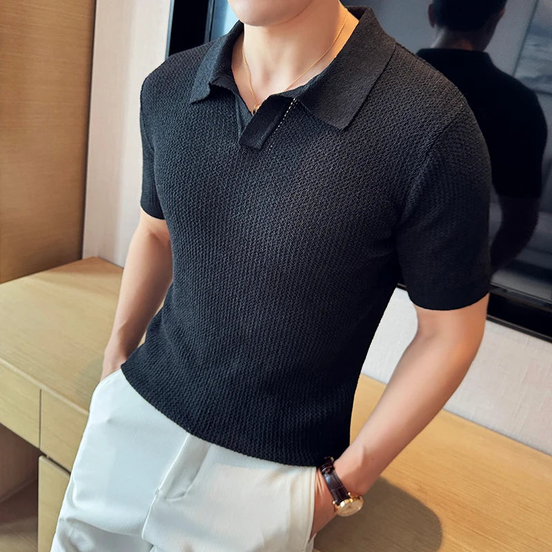 Hollow Knitted Short-Sleeved T-shirt, V-neck Brown Polo Shirt, High-End Quality, Cool, Luxury Genuine Goods，Slim Top
