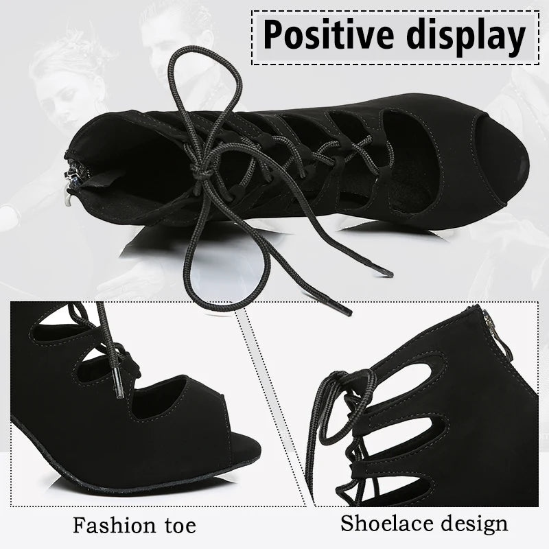 DKZSYIM Women Lace-UP Latin Dance Shoes High Heels Ballroom Tango Dancing Boots Open Toes Soft Soles Party/Casual Dance Shoes