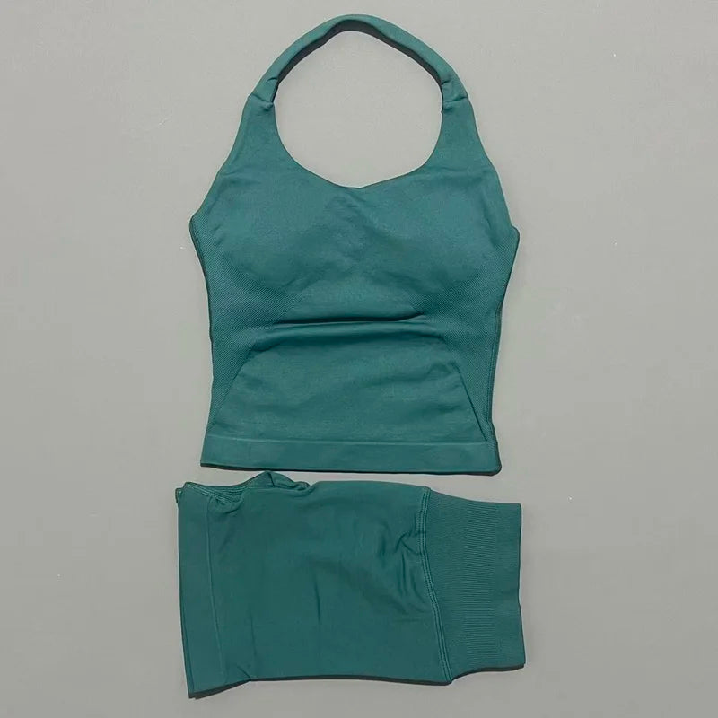 2 Pieces Sports Halter Top Strappy Bra Shorts Set Women Seamless Yoga Gym Leggings Set Running Fitness Sports Shorts Suit